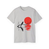 Minimalist Crow T-Shirt – Sunset Bird on Branch Design – Aesthetic Nature Graphic Tee – Japanese Style Shirt for Men & Women