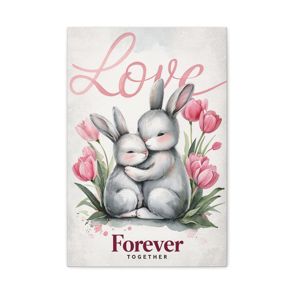 Love-Themed 16x24 Canvas Wall Art - Adorable Bunny Rabbits Cuddling Together with Tulips - 'Forever Together' Romantic Gift Décor