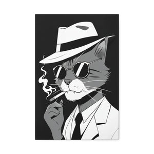 Cool Cat Smoking Cigar Canvas Wall Art - Retro Gangster Cat in Suit with Hat & Shades - Funny Cartoon Artwork for Home Decor