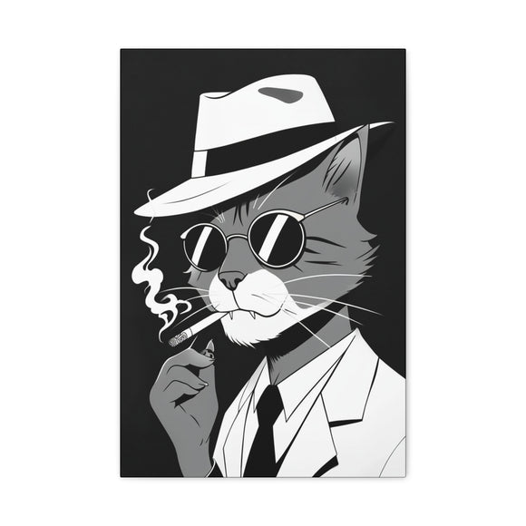 Cool Cat Smoking Cigar Canvas Wall Art - Retro Gangster Cat in Suit with Hat & Shades - Funny Cartoon Artwork for Home Decor