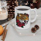 Jaguar and Roses Coffee Mug - 11/15 oz Ceramic Cup with Fierce Leopard Art, Bold Tattoo Style Gift for Animal & Big Cat Lovers