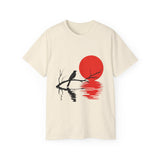 Minimalist Crow T-Shirt – Sunset Bird on Branch Design – Aesthetic Nature Graphic Tee – Japanese Style Shirt for Men & Women