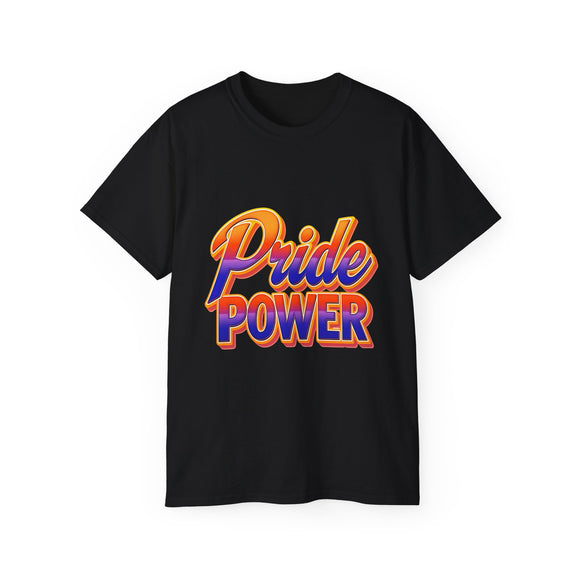 Pride Power T-Shirt | Retro Gradient LGBTQ+ Shirt | Bold Empowerment Graphic Tee | Gay Pride Festival Unisex Top