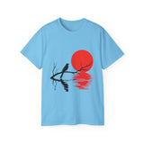 Minimalist Crow T-Shirt – Sunset Bird on Branch Design – Aesthetic Nature Graphic Tee – Japanese Style Shirt for Men & Women