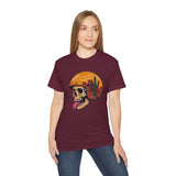 Desert Skull Graphic T-Shirt - Edgy Surreal Art Tee with Helmet Sunset Scene, Cactus Landscape, Punk Rock Streetwear