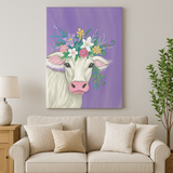 Whimsical Cow Canvas Wall Art - 16x24 Farmhouse Animal Print with Floral Crown on Purple Background - Cute Rustic Home Décor
