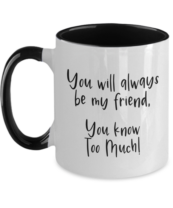 You Will Always Be My Friend... You Know Too Much! - BFF Novelty 2-Toned Ceramic Birthday Mug Gift